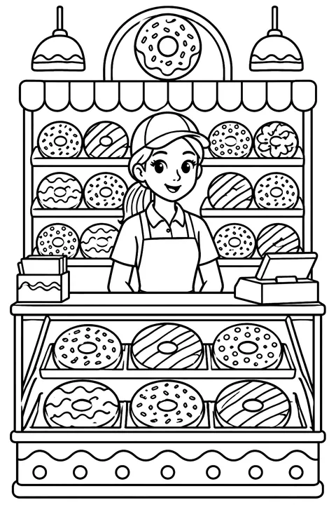 a donut shop counter with shelves of donuts coloring page