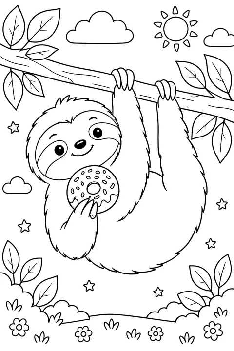 a sloth hanging from a branch holding a donut coloring page