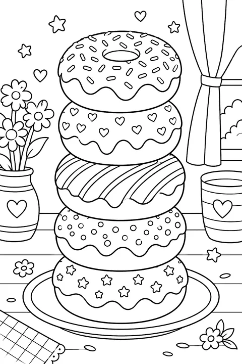 a tower of stacked donuts on a plate coloring page