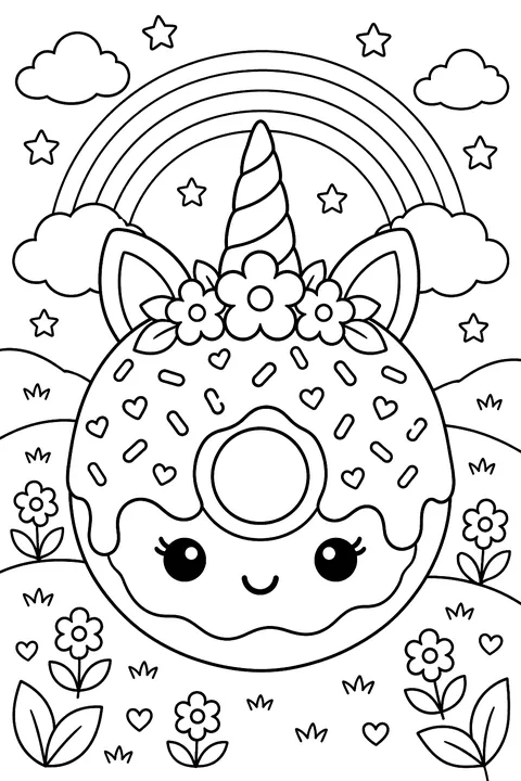 a unicorn donut with a horn and ears coloring page