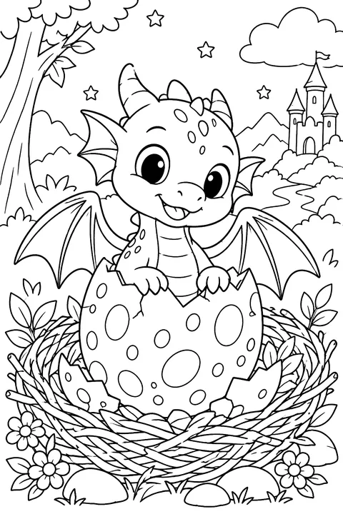 Baby dragon hatching from a spotted egg in a cozy nest coloring page