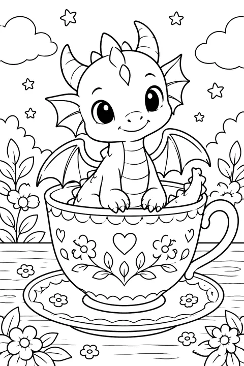 Baby dragon sitting in a teacup coloring page