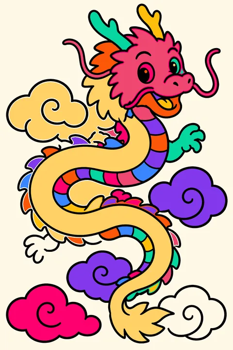 Chinese-style long dragon dancing through clouds coloring page