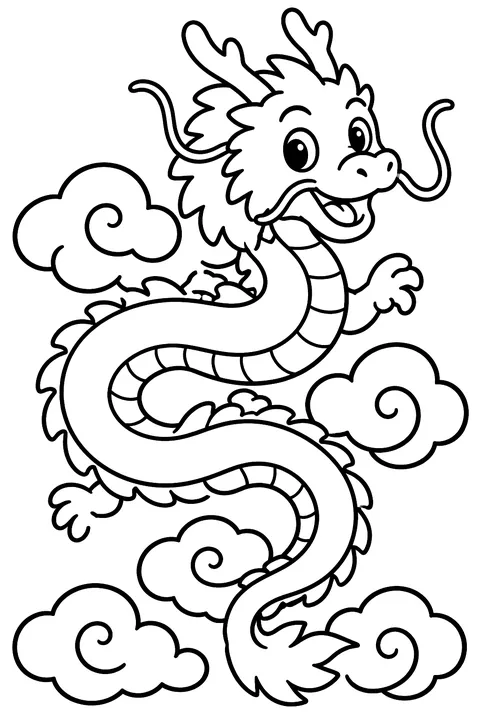 Chinese-style long dragon dancing through clouds coloring page