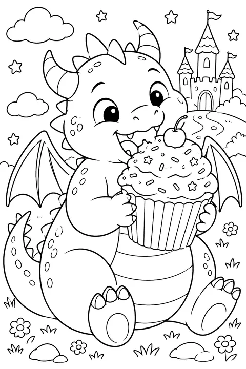 Chubby dragon eating a giant cupcake coloring page