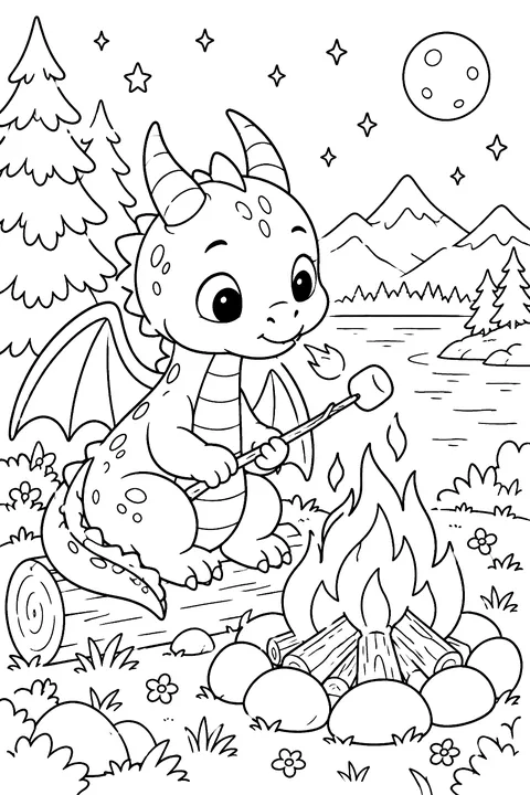 Cute dragon roasting marshmallows with its tiny flame by a campfire coloring page