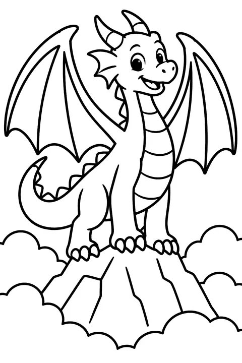Dragon with big wings standing on a mountain peak among clouds coloring page
