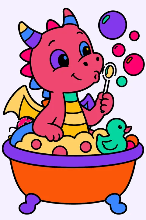 Dragon blowing bubbles in a bathtub coloring page