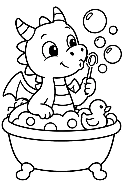 Dragon blowing bubbles in a bathtub coloring page