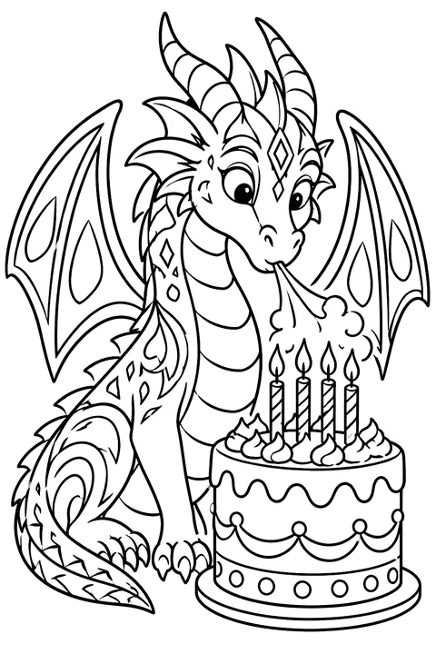 Dragon blowing out birthday candles on a cake coloring page