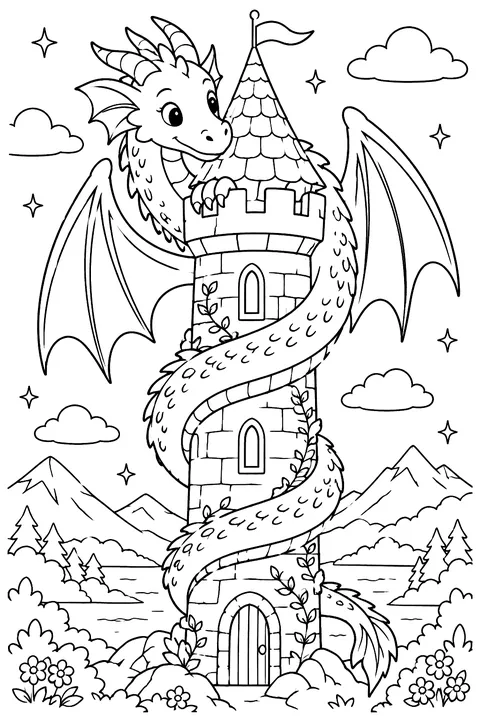Dragon curled around a tall stone tower coloring page
