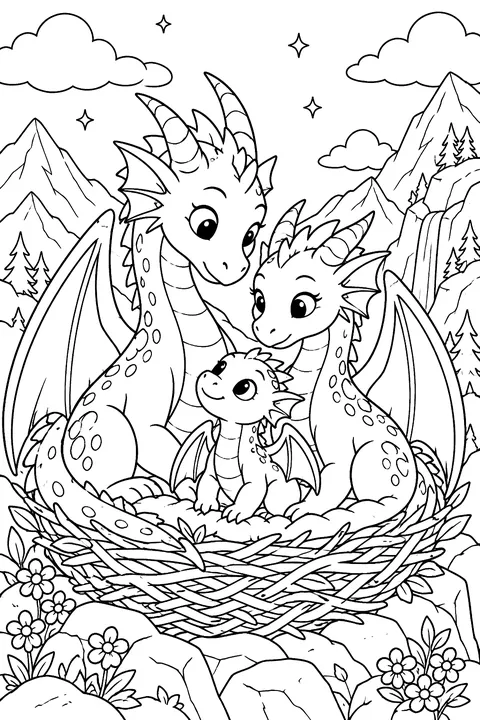 Dragon family of three in a mountain nest coloring page