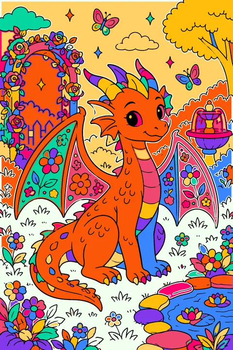Dragon with flower patterns on its wings in a garden coloring page
