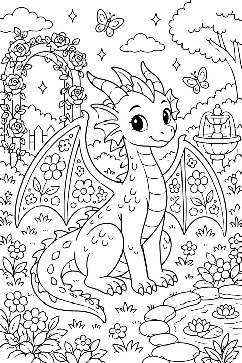 Dragon with flower patterns on its wings in a garden coloring page