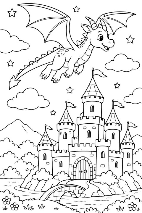Dragon flying over a castle with towers and flags coloring page