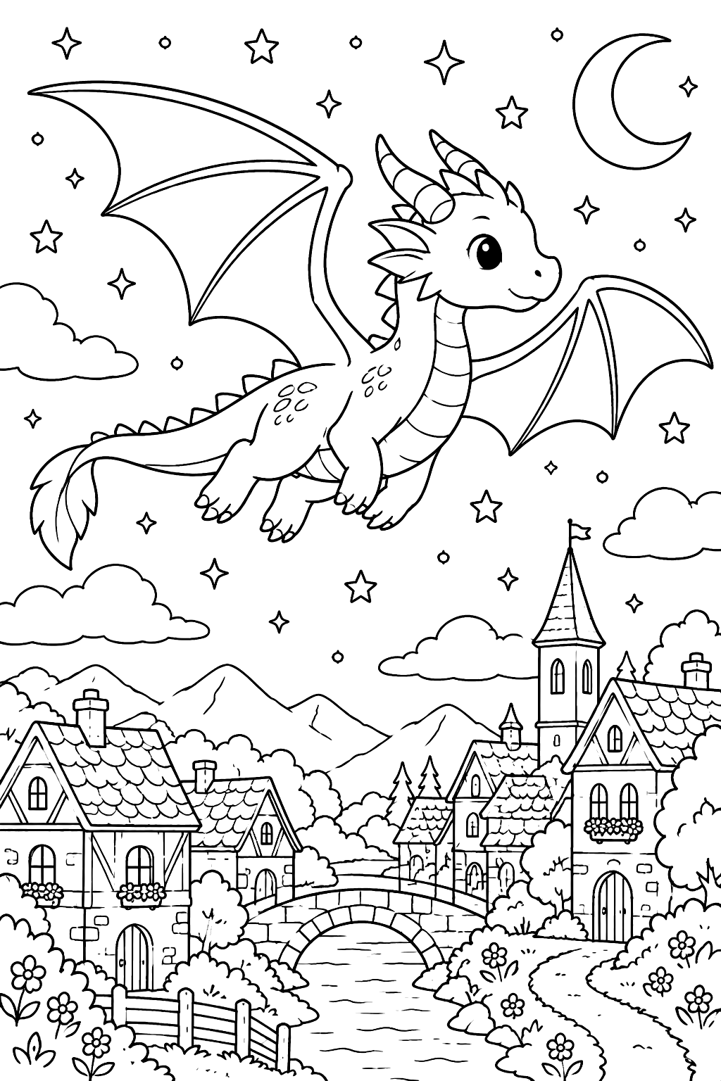 Dragon flying through a starry night sky over a village coloring page