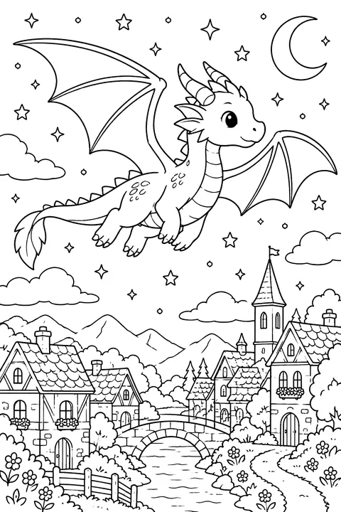 Dragon flying through a starry night sky over a village coloring page