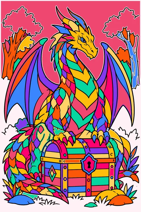 Dragon guarding a treasure chest in a forest clearing coloring page