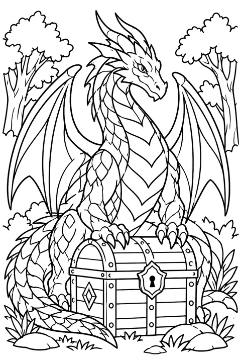 Dragon guarding a treasure chest in a forest clearing coloring page