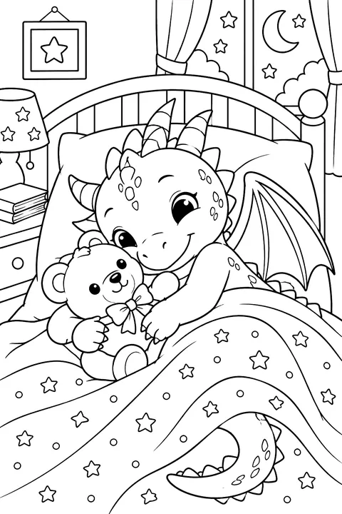 Dragon hugging a teddy bear in bed coloring page