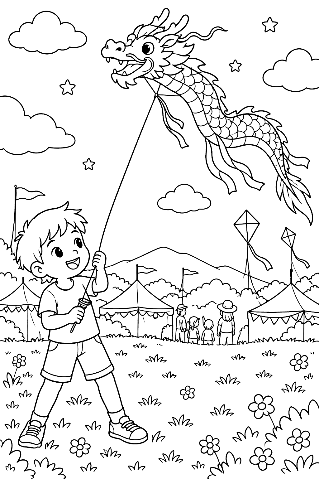 Dragon kite festival with a child flying a dragon kite coloring page