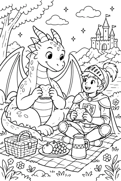 Dragon and a knight having a picnic together coloring page