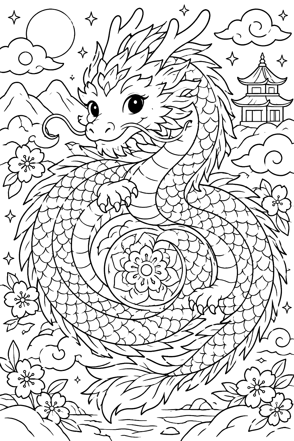 Dragon mandala with swirling scales coloring page