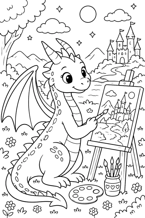 Dragon painting a picture on an easel coloring page