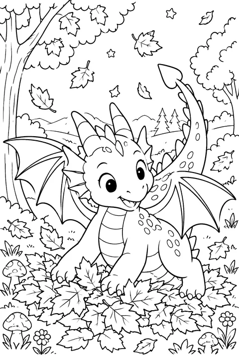 Dragon playing in autumn leaves coloring page