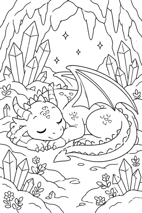 Dragon sleeping in a cave with crystals coloring page