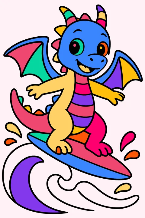 Dragon surfing on a wave coloring page