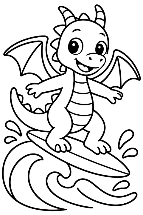 Dragon surfing on a wave coloring page