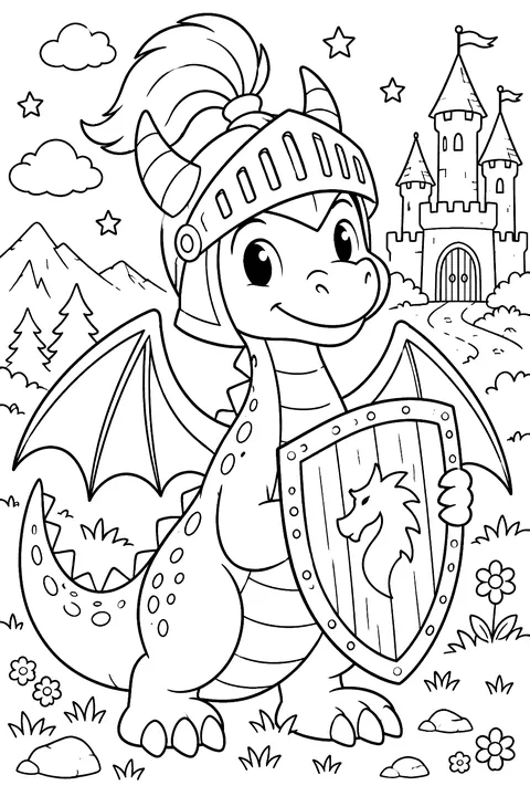 Dragon wearing a knight's helmet holding a wooden shield coloring page
