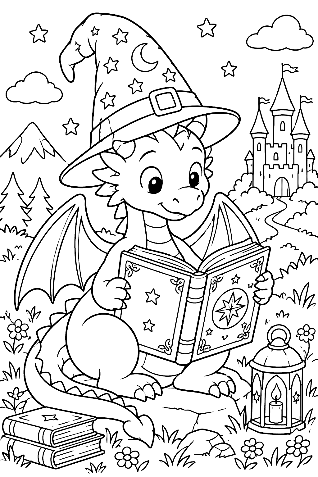 Dragon with a wizard hat reading a spell book coloring page