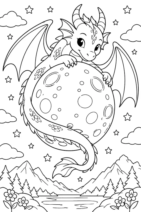 Dragon wrapped around a full moon coloring page