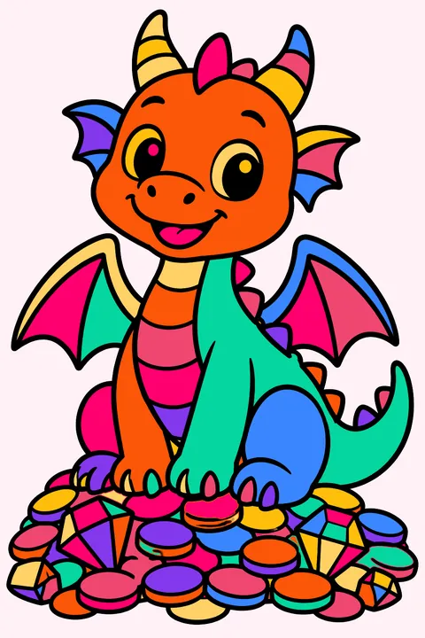Friendly dragon sitting on a pile of treasure coins and gems coloring page
