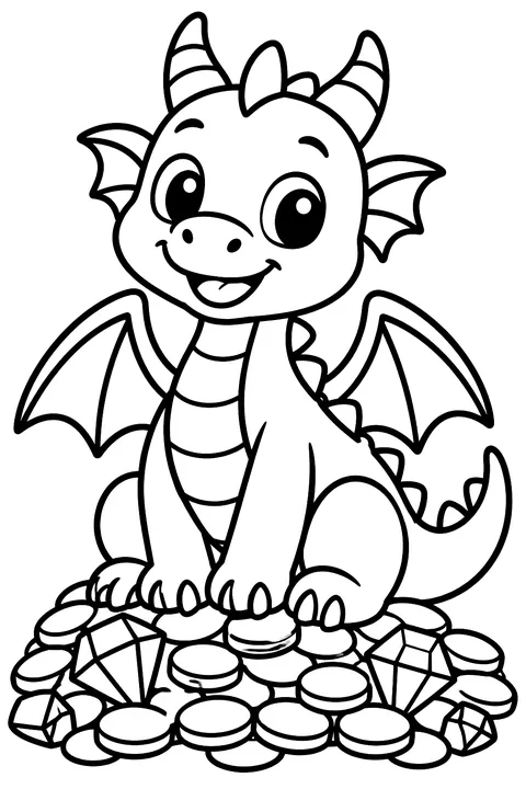 Friendly dragon sitting on a pile of treasure coins and gems coloring page