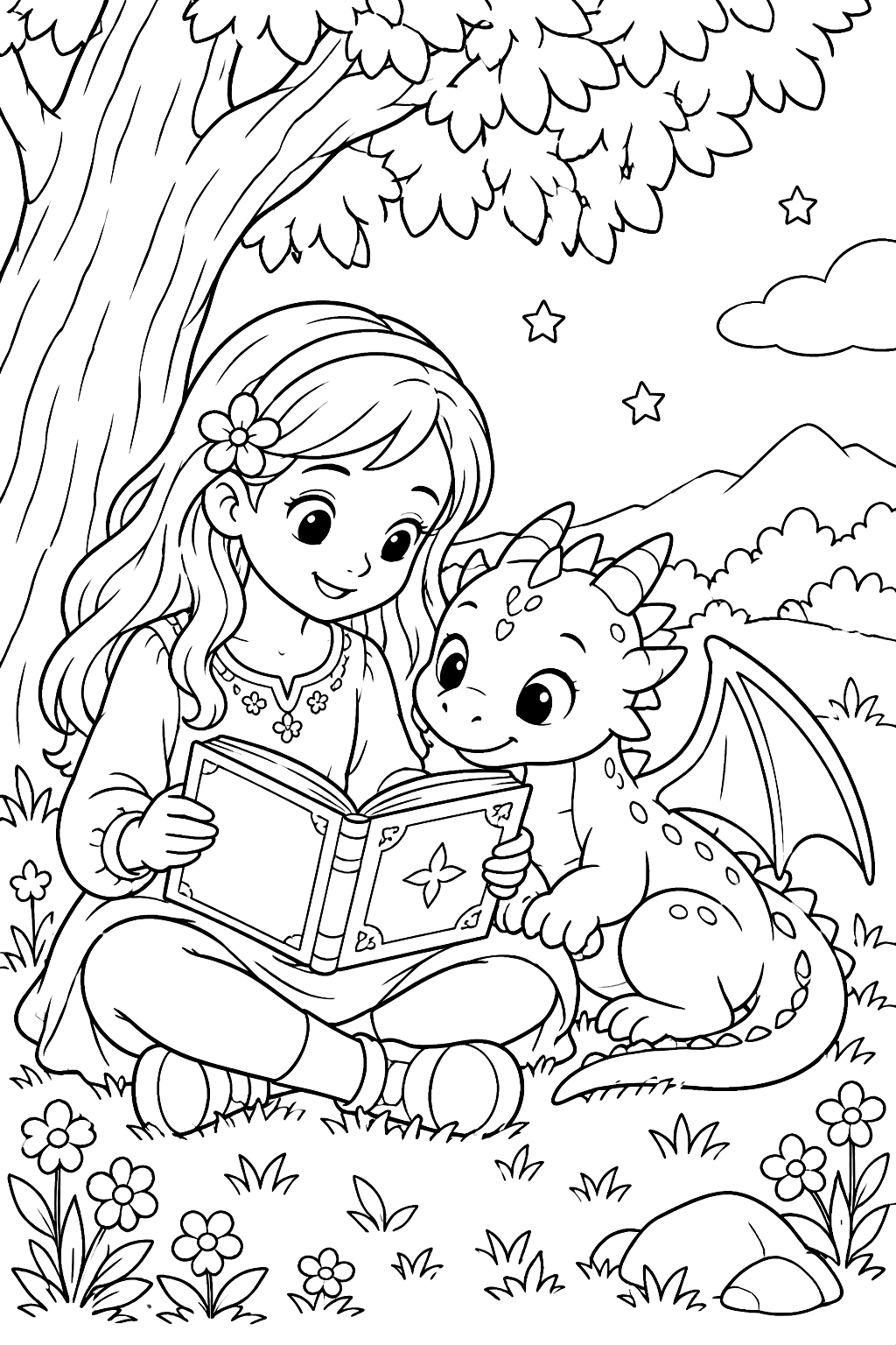 Little girl reading a book to a baby dragon under a tree coloring page