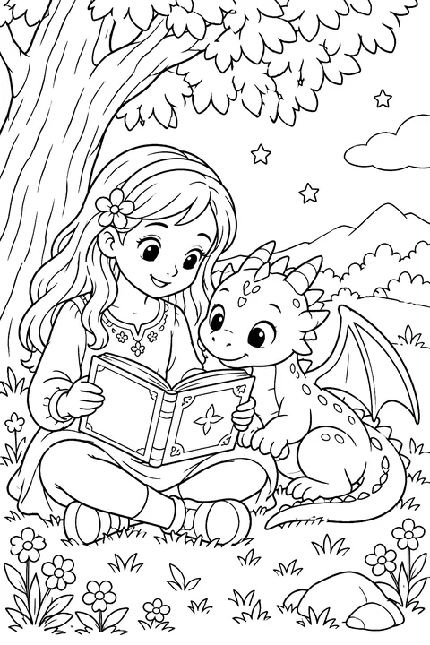 Little girl reading a book to a baby dragon under a tree coloring page
