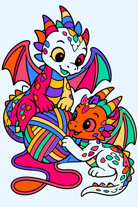 Two baby dragons playing with a ball of yarn coloring page