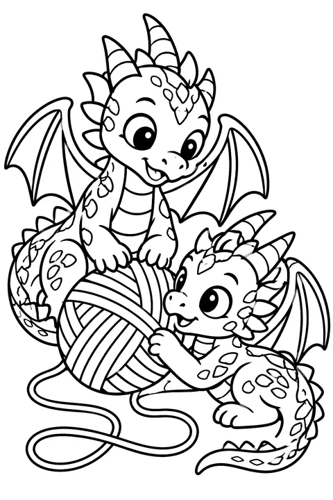 Two baby dragons playing with a ball of yarn coloring page