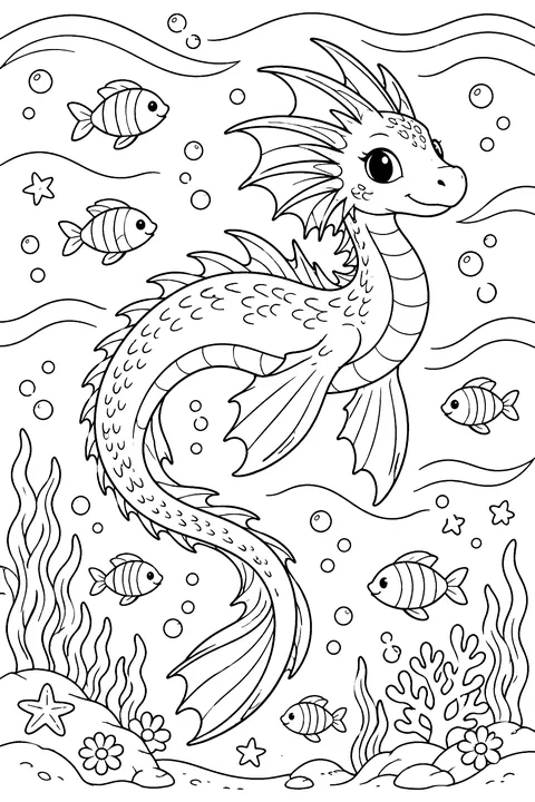 Water dragon swimming among waves and fish coloring page