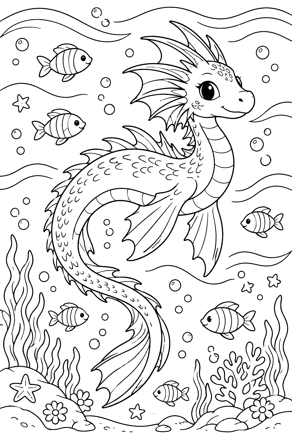 Water dragon swimming among waves and fish coloring page