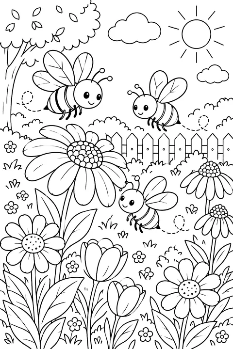 bees buzzing around flowers in a garden coloring page