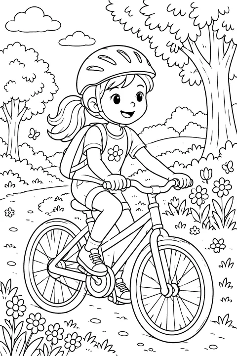 a child riding a bike past trees and flowers coloring page