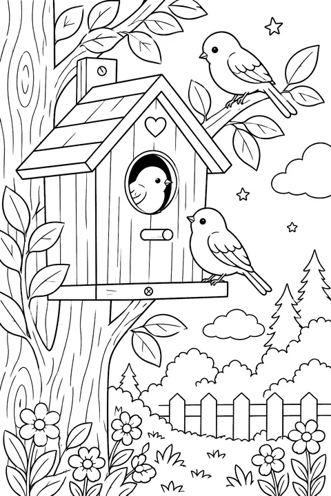 a wooden birdhouse on a tree with birds coloring page