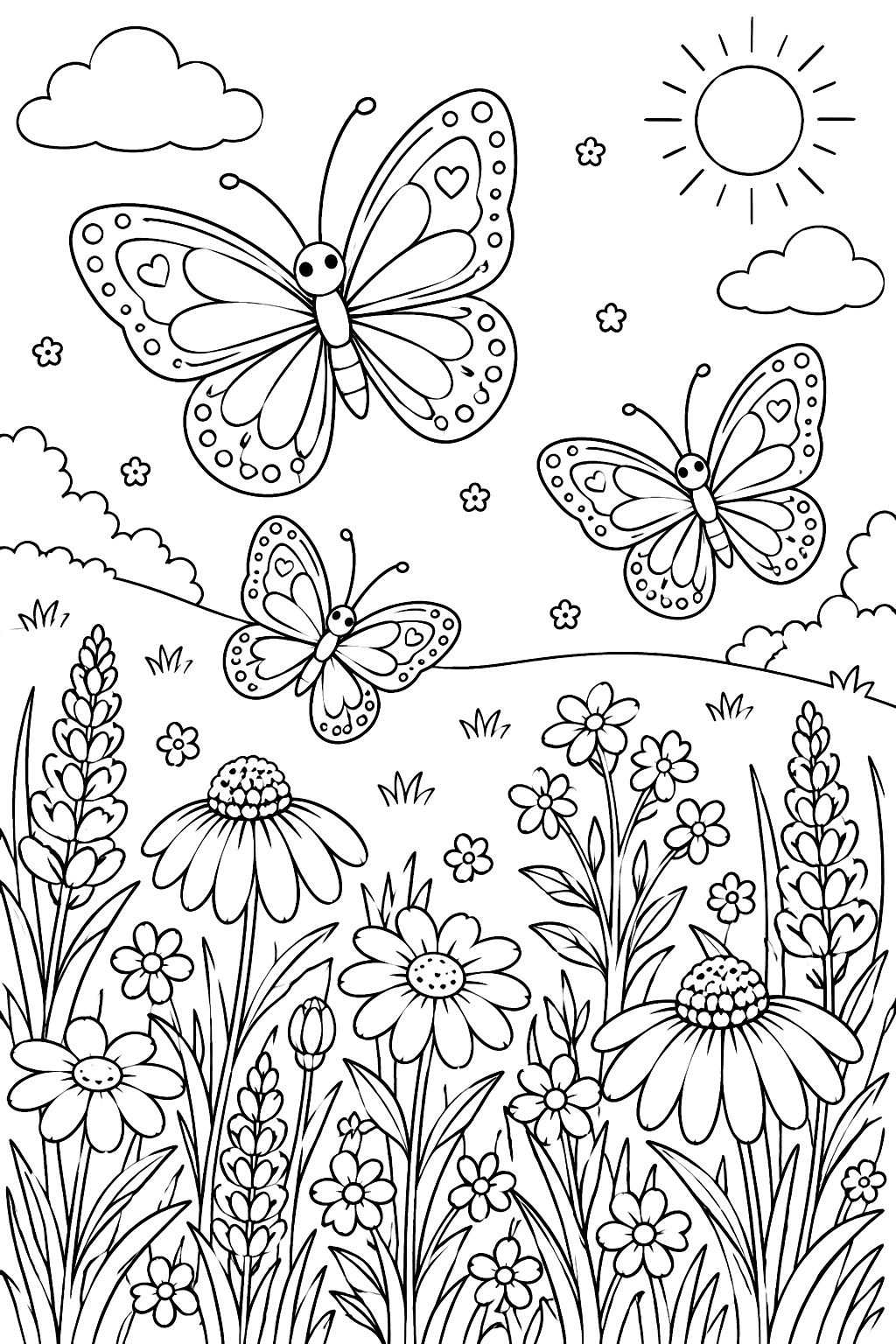 butterflies over a meadow of wildflowers coloring page