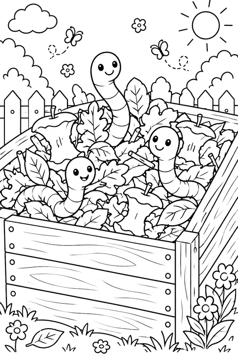 cute worms in a compost bin with leaves and apple cores coloring page