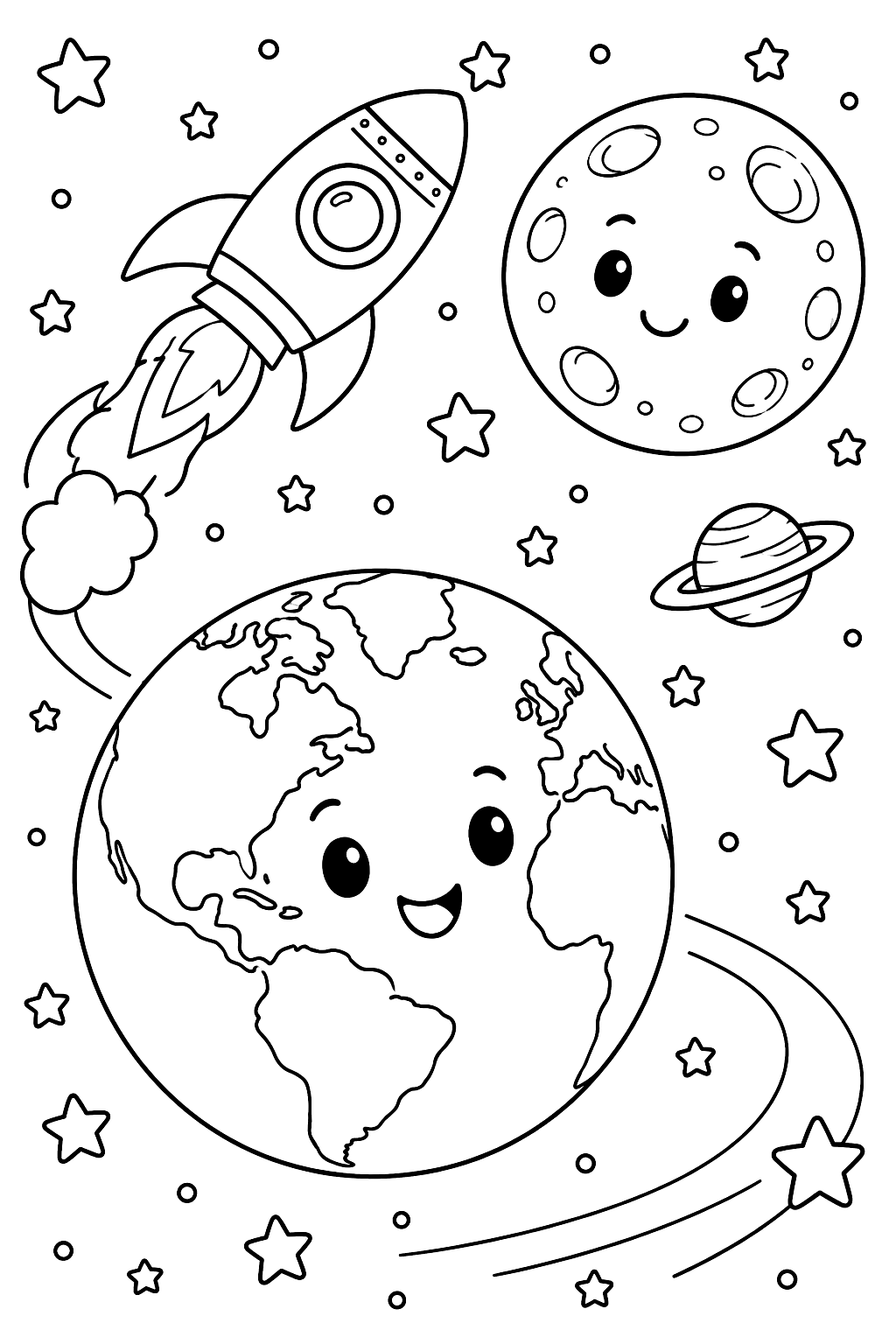 the Earth and the moon with stars and a rocket coloring page