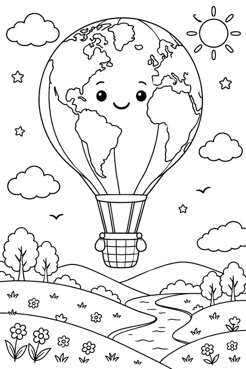 a hot air balloon shaped like the Earth over green hills coloring page